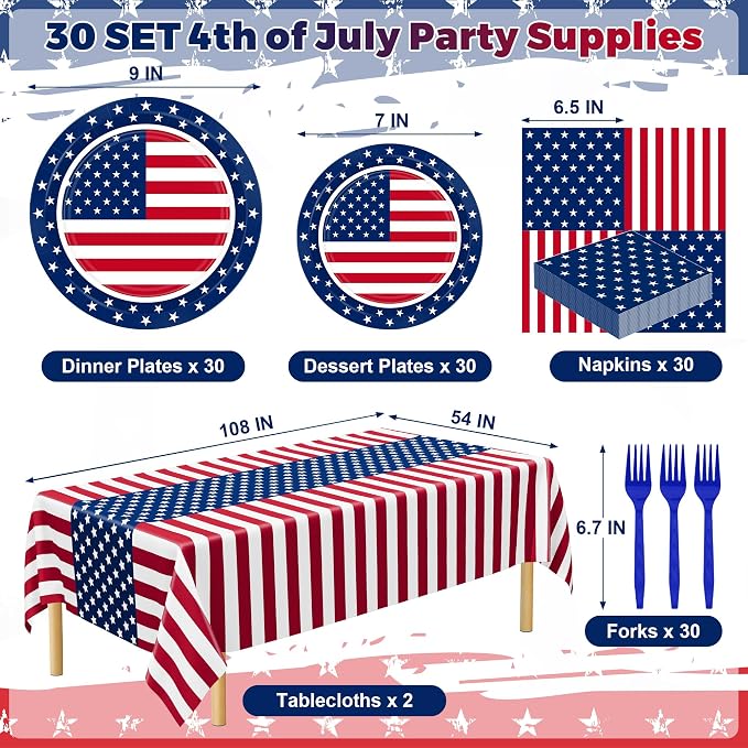 QZYL 122 PCS 4th of July Decorations, 30 Sets 250th Anniversary Patriotic Plates and Napkins, Disposable Fourth of July Paper Plate and Napkin Tablecloth Forks, USA Flags Memorial Day Party Supplies
