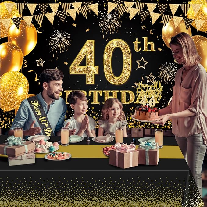 40th Birthday Decorations Men Women with 40th Birthday Banner, Black and Gold Table Cloth, Number Balloons,Large Sash, Cake Topper and Candles