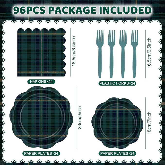 96 Pcs Tartan Plaid Baby Shower Plates and Napkins Set, Blue Green Baby Shower Party Supplies for 24 Guests include Disposable Green Tartan Scalloped Plates, Napkins and Forks for Baby Shower Wedding