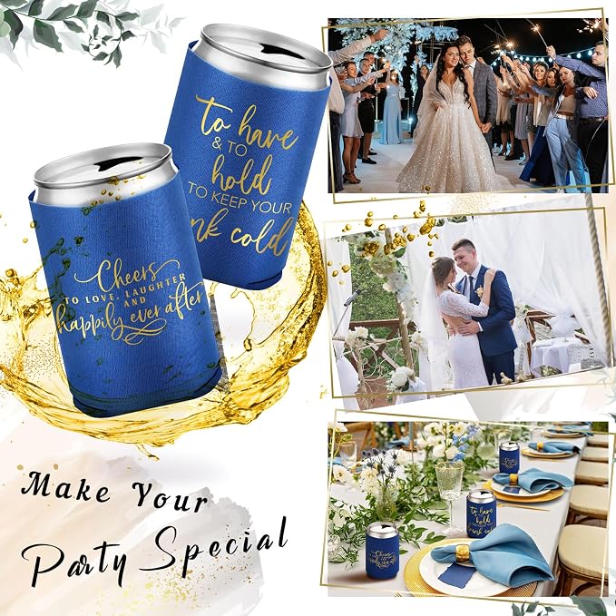 Qinyoung 50 Pieces Blue Wedding Can Cooler Bulk Engagement Party Favors for Guests Cheers to Love and Happily Ever After Rehearsal Dinner Decorations for Wedding Bridal