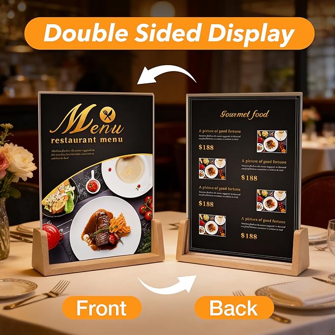 U-Shaped Acrylic Sign Holder 8.5 x 11 with Wood Base, Clear Double-Sided Flyer Stands for Display Menu, Flyer, Poster, Certificate, Photo, Restaurant, Office, and Home (1pk)