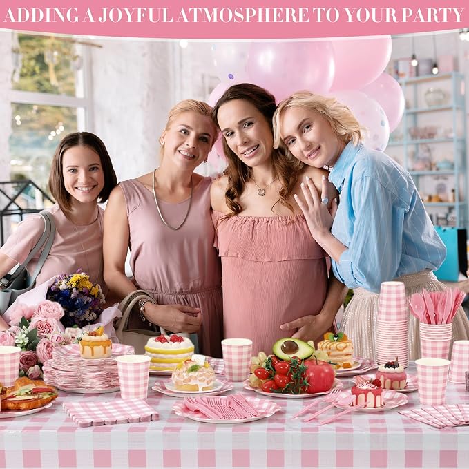 Funnymoom 452 Pcs Pink Gingham Party Supplies for 50 Guests, Pink Gingham Paper Plates Napkins Cup Tablecloth Disposable Tableware for Wedding Bridal & Baby Shower Party BBQ Picnic Birthday Decoration