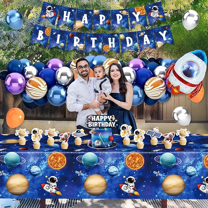 139Pcs Space Themed Party Decorations, All-In-One Outer Space Planet Birthday Banner Backdrop Cake Cupcake Toppers Tablecloth Astronaut Rocket Balloon Garland Kit