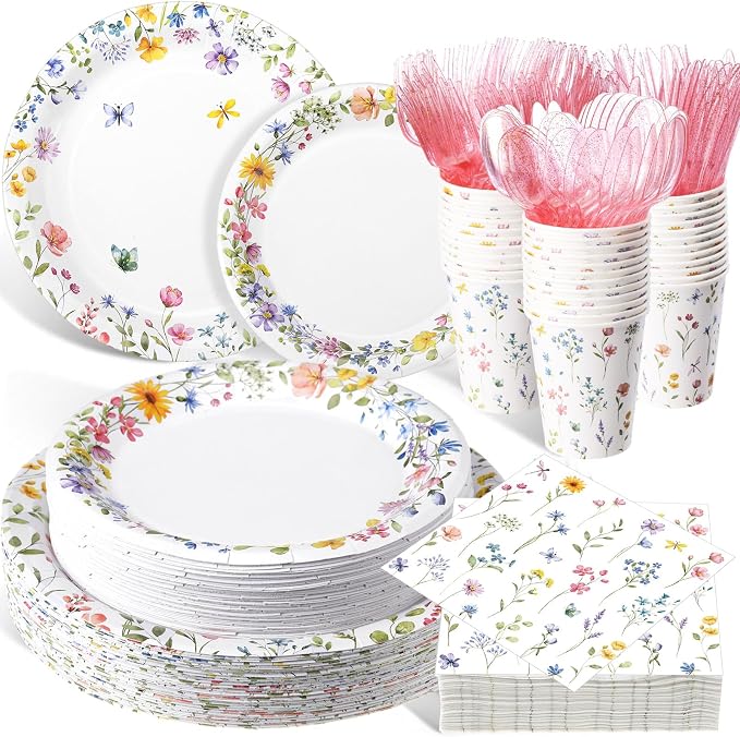 Pickmesh 400 Pcs Wildflower Party Supplies Floral Baby in Bloom Tableware Include Disposable Paper Plates Napkins Cups Cutlery for Spring Summer Picnic Tea Baby Shower Party Decorations Serve 50