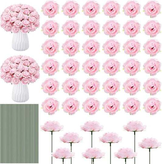 Thiccywoov 200 Pcs Flowers Long Stem Artificial Rose Bulk, 3.2 Inches Silk Rose Head Flowers Faux for Wedding Bridal Bouquet Independence Day Home Floral DIY Centerpieces Party Decoration(Pink)