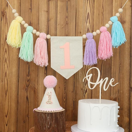 Handmade Boho Macaron Theme 1st Birthday High Chair Banner for Baby Girls with Pink First Birthday Cone Hat and One Cake Topper Pink Party Decorations Photoshoot Props Photo Props