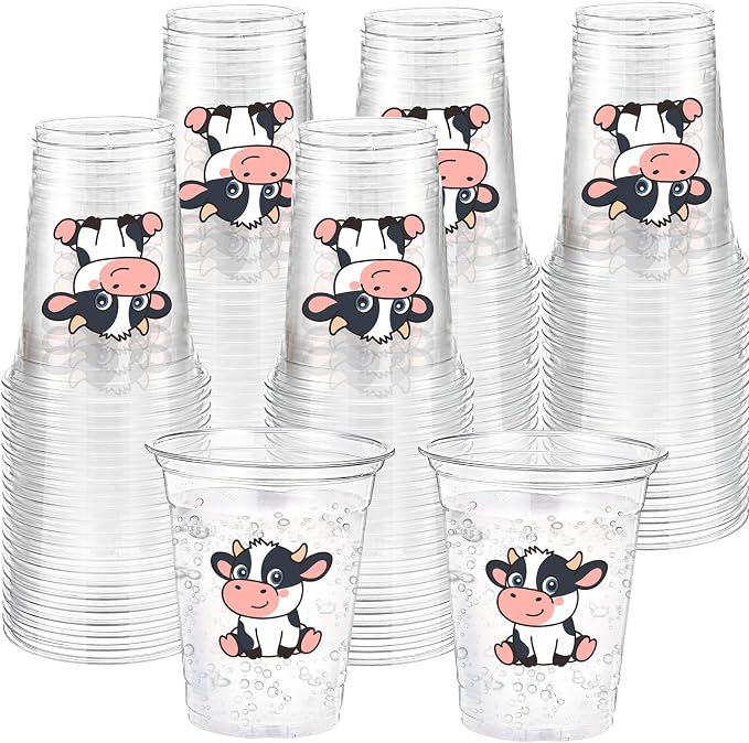 Funnymoom 60 Pack Cow Plastic Cups 12 oz Cute Cow Disposable Clear Plastic Drinking Cups for Farm Animal Themed Birthday Wedding Bridal Baby Shower Party Decoration Supplies