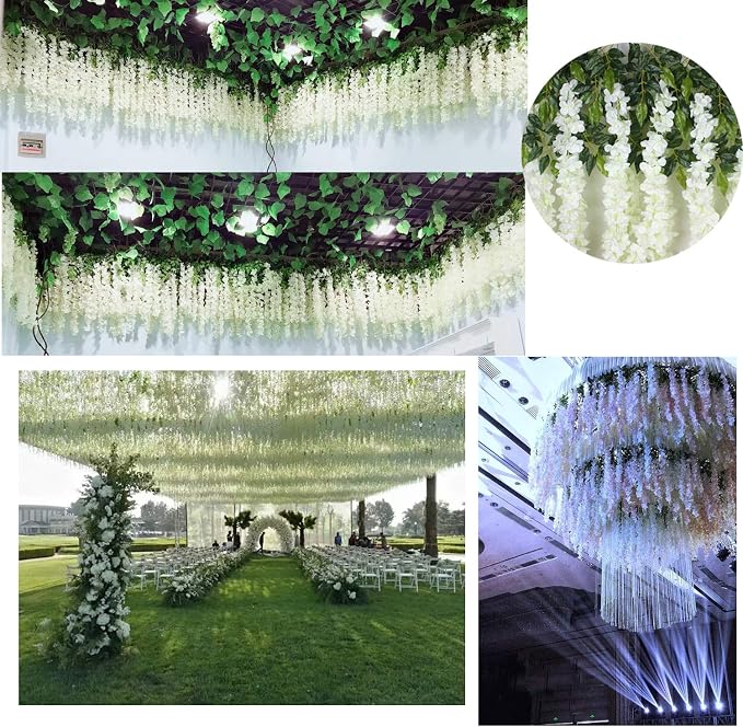 U'Artlines 24 Pack (Total 86.4 Feet) Artificial Fake Wisteria Vine Rattan Hanging Garland Silk Flowers String Home Party Wedding Decor (24, White)