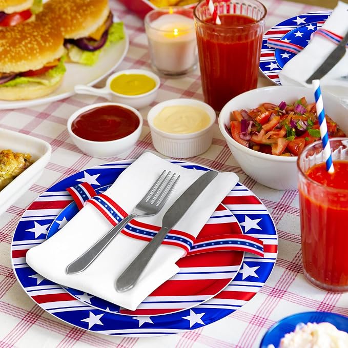 FLOWERCAT 60PCS 4th of July Plates & Red White Blue Plates for Independence Day - Patriotic Plastic Plates Include 30PCS 10.25inch Dinner Plates and 30PCS 7.5inch Dessert Plates