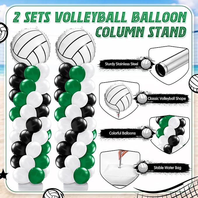 Kasyat 2 Sets Volleyball Balloon Column Stand Kit Green Black White Volleyball Sports Balloons Adjustable Balloon Arch Stands for Senior Night Decorations Birthday Supplies