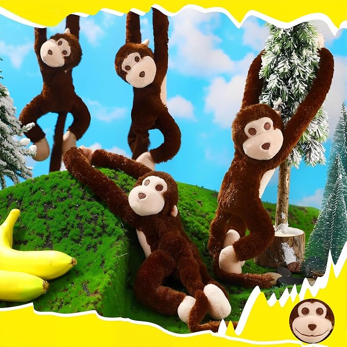 Hungdao 6 Packs Hanging Monkey Stuffed Jungle Animal Toy with Hook and Loop Jungle Party Hanging Plush Monkey for VBS Sunday School Classroom Party Decorations (24 Inch,Dark Brown)