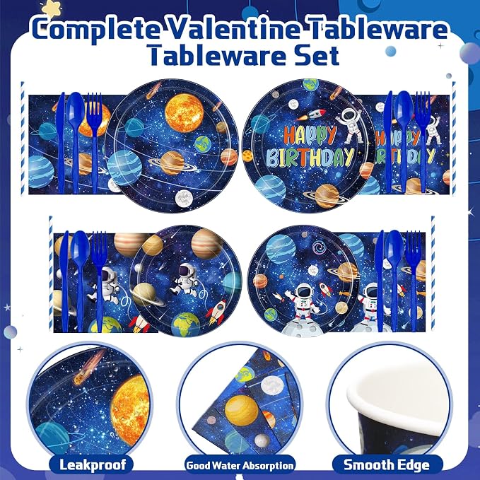 450 Pcs Space Birthday Tableware Set Decorations, Solar System Paper Plates Napkins Cups Cutlery Straws for Astronaut Theme Birthday Baby Shower Party Supplies, Serves 50