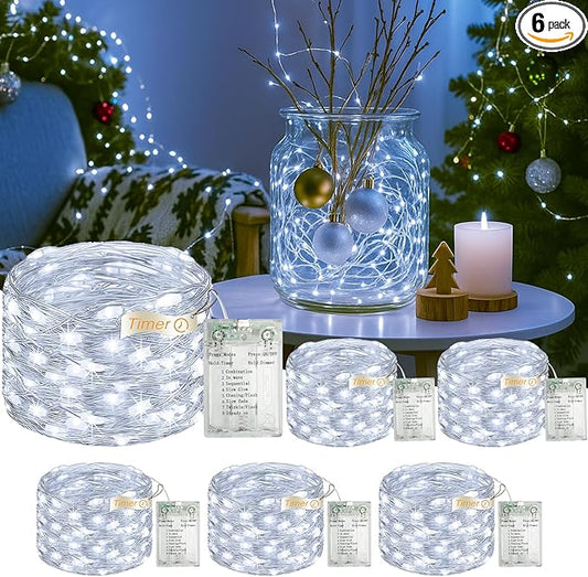 6 Pack 16FT 50 LED Fairy Lights Battery Operated with Timer, 8 Modes USB Mini Twinkle Light, Small String Lights for Christmas Tree Wreath Vase Bedroom DIY Wedding Decorations-Cold White