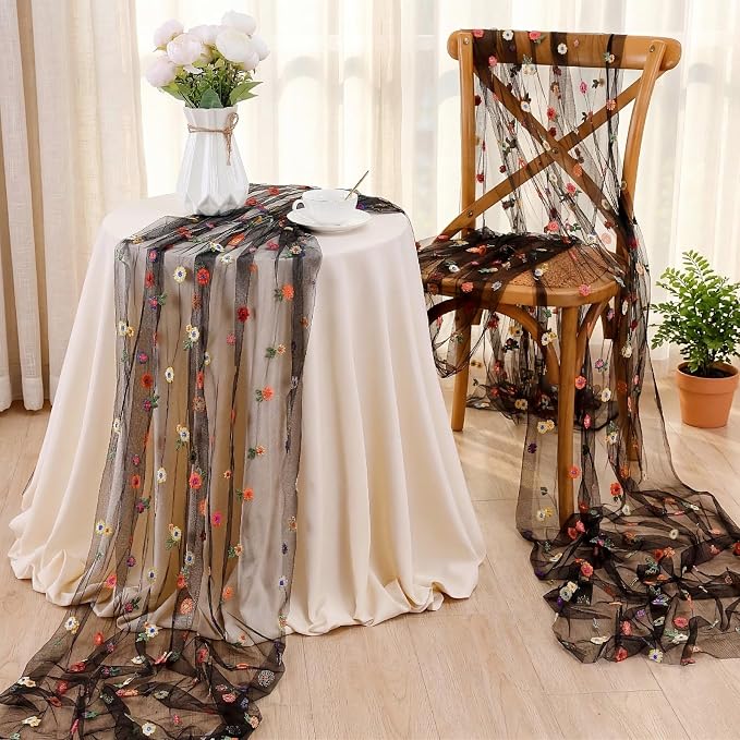 QueenDream Black Flower Table Runner 3 Pcs 10FT Gauze Tulle Fabric with Embroidery Daisy for Home Party Spring Baby Bridal Shower Party Decoration