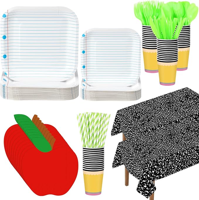 Vesici 452 Pcs Back to School Party Decorations Notebook Notebook Paper Plates Apple Napkins Pencil Cups Disposable Tablecloth Tableware Set for First Day of School Classroom Party Supplies, Serve 50