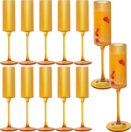 JLYLOL 12 Pcs Amber Plastic Champagne Flutes 6OZ Large Ribbed Champagne Glasses Toasting Glass Plastic Goblets for Parties Vintage Mimosa Bar Glasses Elegant Stemmed Drinking Cups for Wedding Bride