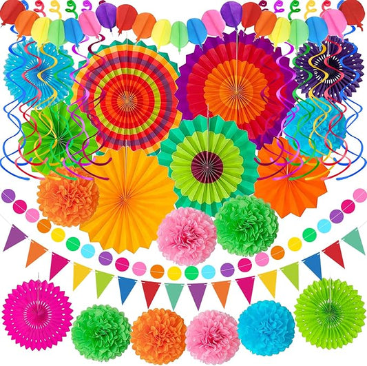 33Pcs Fiesta Decorations Cinco De Mayo Decorations Multi-Color Paper Fans Garlands Pennant Pom Poms Hanging Swirls For Birthday Wedding Rainbow Mexican Party