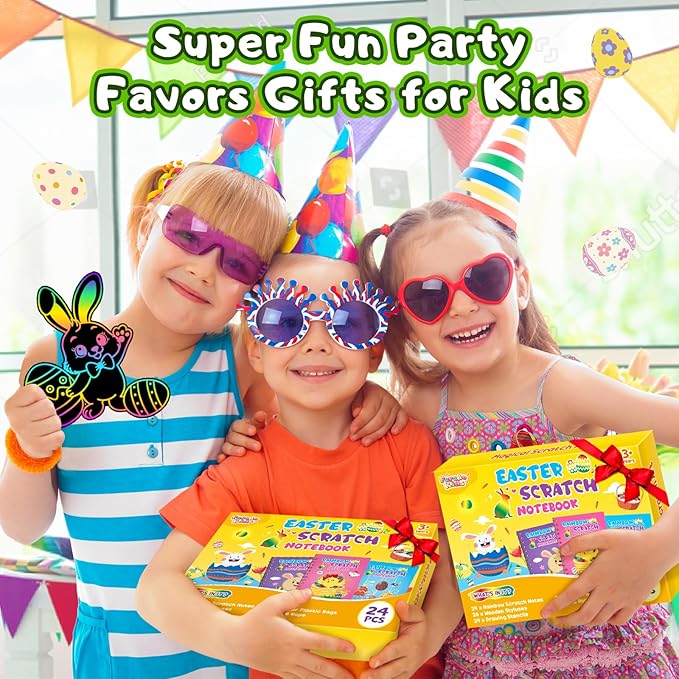 Party Favors for Kids: 24 Pack Easter Rainbow Scratch Art Notebook Classroom School Supplies Bulk for Girls Boys Goodie Bags Stuffers, Return Gifts for Birthday Party Gift Kid Crafts
