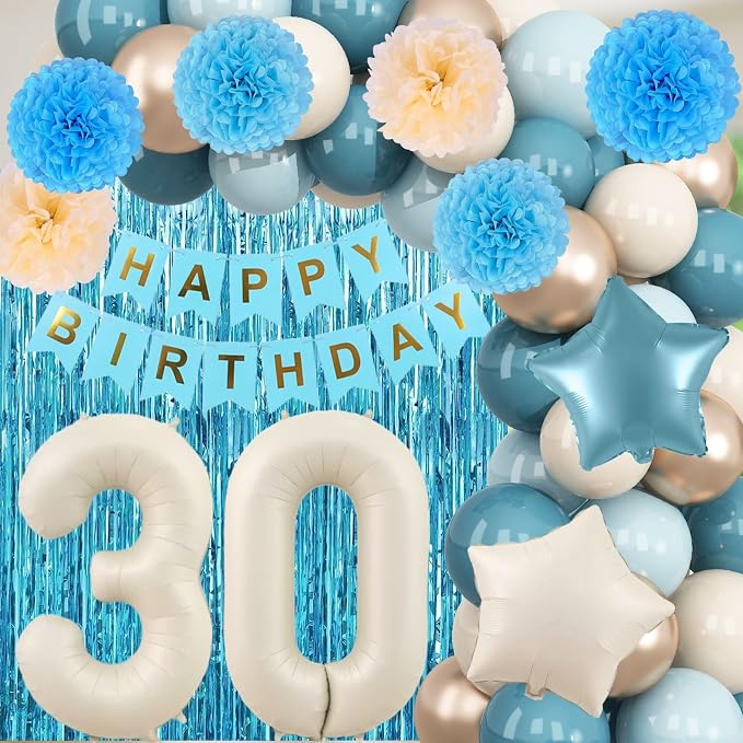 Dusty Blue 30th Birthday Party Decorations for Her Him Beige Cream Number 30 Balloon with Blue Gold Happy Birthday Banner Fringe Curtain Paper Pom Poms Nude White Sand Champagne Star Foil Balloons