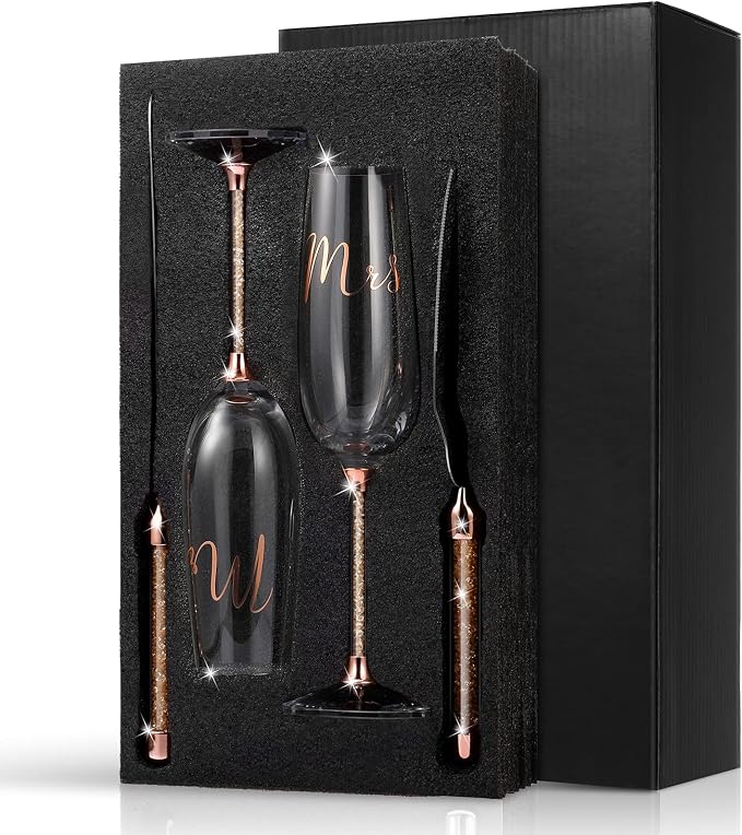 Boao 4 Piece Wedding Cake Knife and Champagne Flutes Server Set Mr and Mrs Toasting Flutes Crystal Rhinestone Cake Cutting Set for Bride and Groom Wedding Engagement Bridal Shower Gifts(Rose Gold)