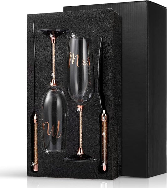 Boao 4 Piece Wedding Cake Knife and Champagne Flutes Server Set Mr and Mrs Toasting Flutes Crystal Rhinestone Cake Cutting Set for Bride and Groom Wedding Engagement Bridal Shower Gifts(Rose Gold)