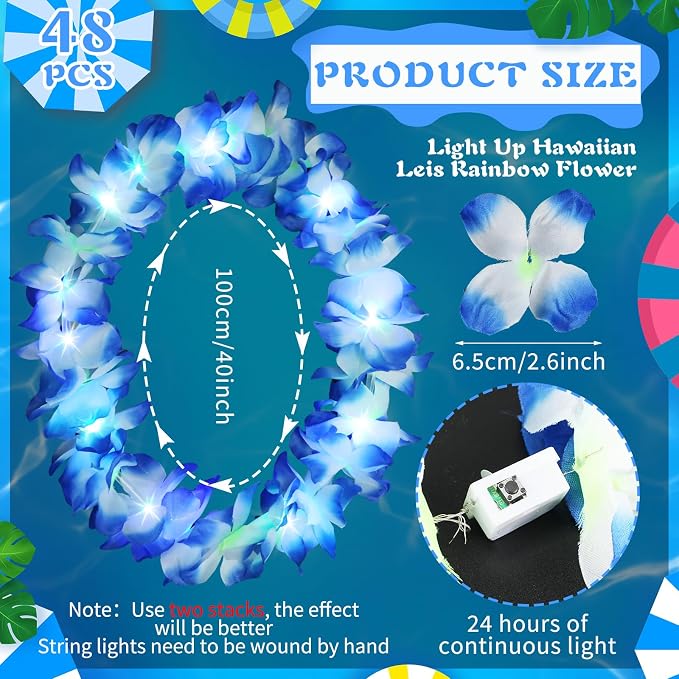 Sherr 48 Pcs LED Hawaiian Leis Light up Flower Leis Necklace with LED Lights Luau Flowers Necklaces for Masquerade Beach Wedding Tropical Themed Party Supplies(Blue)