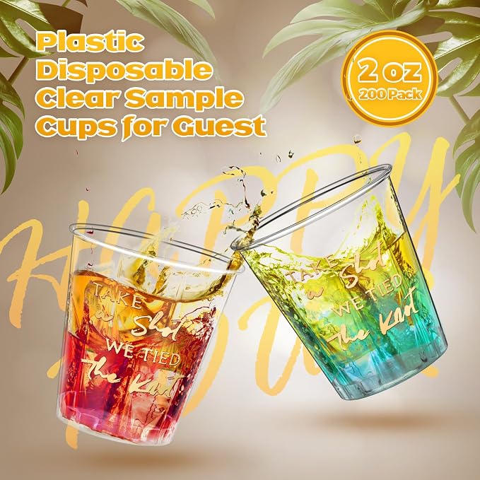 Domensi 200 Pieces Plastic Shot Clear Glasses 2 oz Take a Shot We Tied The Knot Disposable Mini Glasses Bulk Wedding Favors Cup for Weddings, Bridal Showers, Engagement Parties(Gold)