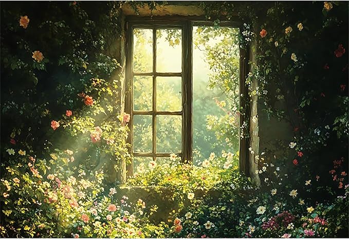 Baocicco 5x3ft Spring Window Photography Backdrops Sunshine Oil Painting Flowers Background Cloth for Marriage Valentines Mothers Day Engagement Party Decoration Photo Props Background Supplies