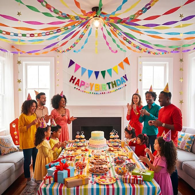 Mifoci 313 Pcs Happy Birthday Decorations Kit 300 Sheets Paper Chains Strips Birthday Felt Banner 492 ft Crepe Paper Streamers 52.4ft Star Garlands for Party Supplies DIY Crafts(Dopamine Colors)