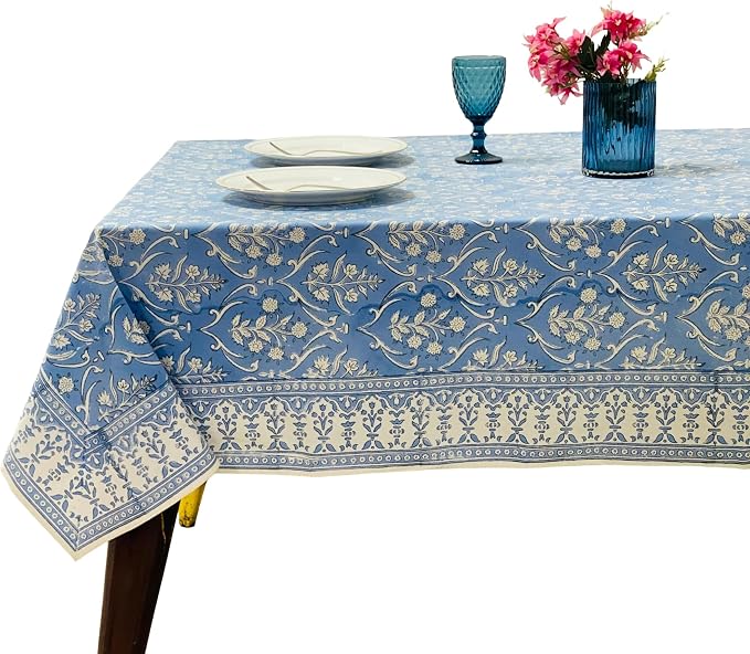 Ridhi Cornflower Blue Hand Block Print Cotton Rectangle Tablecloth 102" x 48" inches Reusable Table Cover Decorative Everyday Use for Dining Room, Farmhouse, Home Gift for Spring, Mother's Day