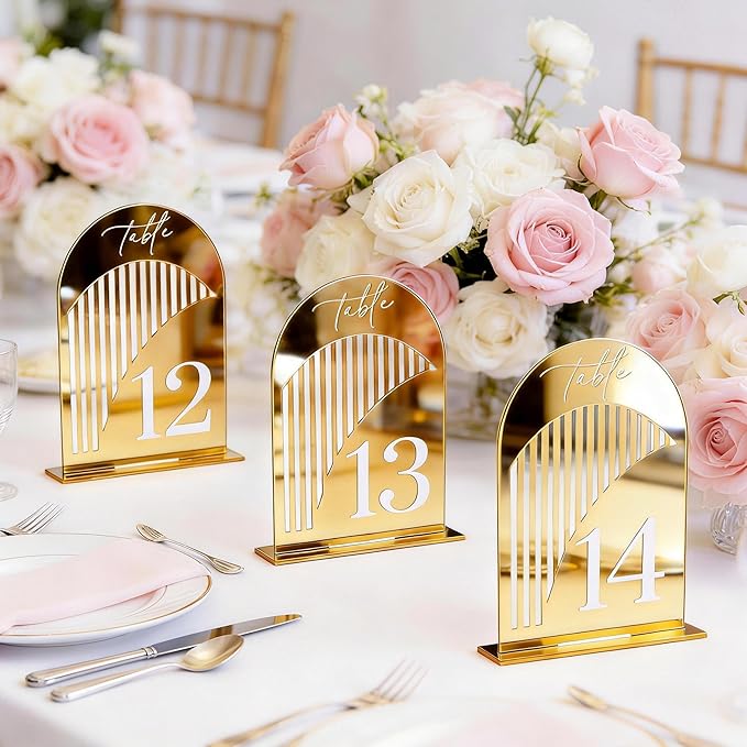 Gold Mirror Arch Wedding Table Numbers 1-15 w/Stand, Gold Mirror 5.5" x 7” Arch Acrylic Signs with Holders, Table Numbers for Wedding Reception, Centerpiece, Anniversary, Party, Event