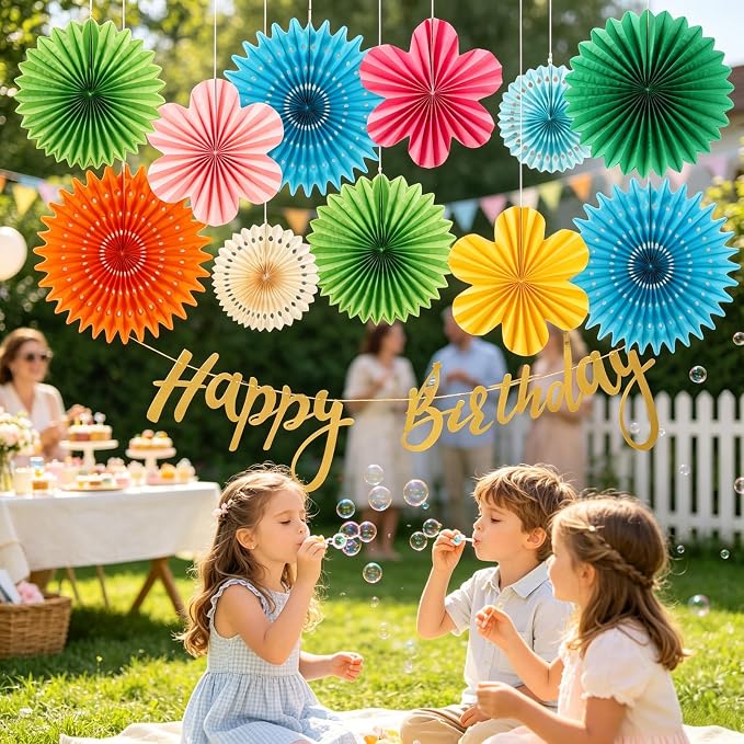 PAPER JAZZ Flowers Paper Birthday Party Decorations Happy Birthday Banners Red and Blue Paper Fans Classroom Decor Flower Wall Decor Hanging Ceiling Decorations