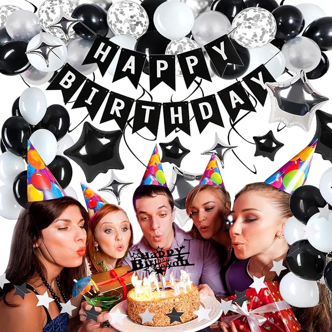 18th Birthday Decorations for Boy Girl, Black White and Silver Happy 18 Party Decor Set with 18 Number Foil Balloons, Banner, Cake Topper for Him Her