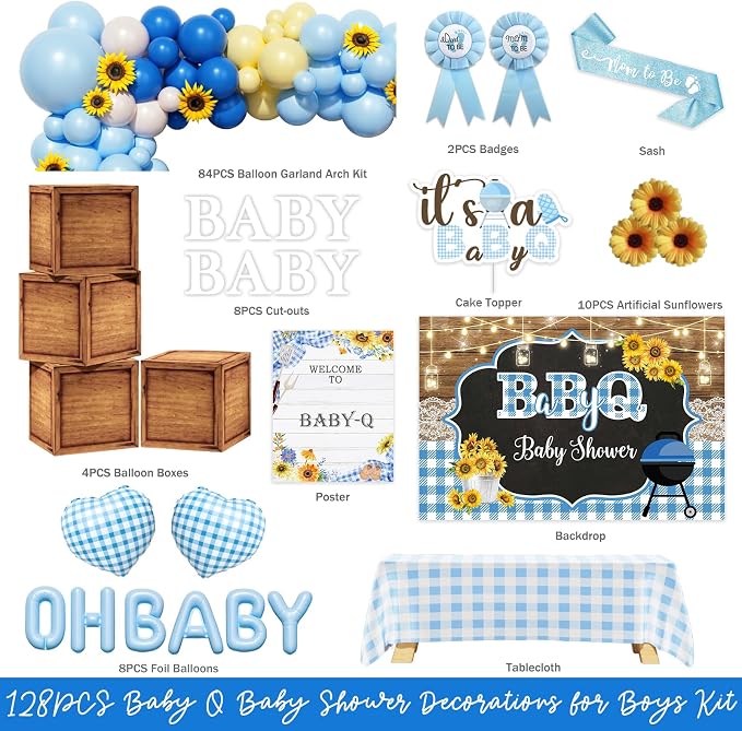 Baby Q Baby Shower Decorations for Boys, 128 PCs - BBQ Baby Shower Party Supplies with Blue Babyq Backdrop, Balloon Garland, Gingham Tablecloth, Cake Topper