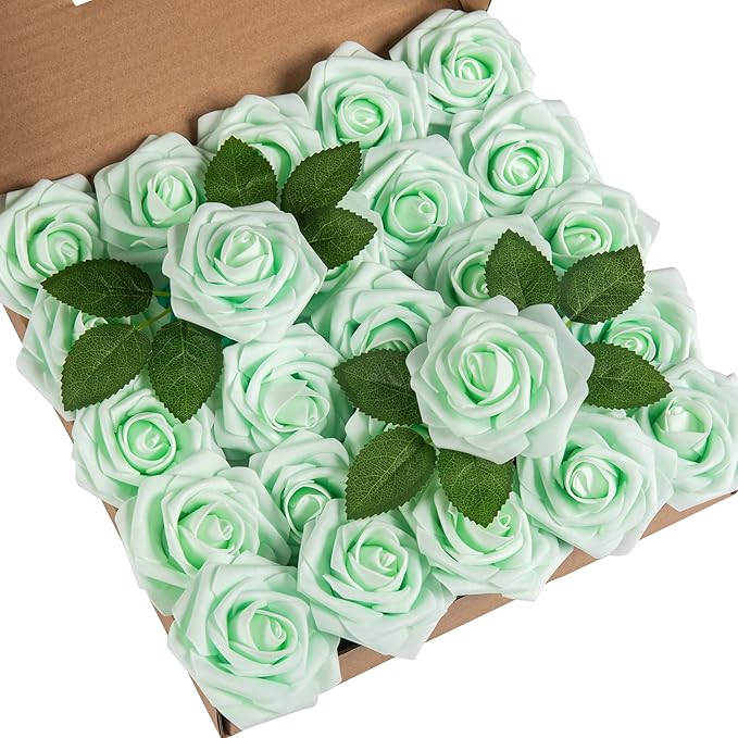 DuHouse 25Pcs Artificial Roses Flowers Fake Roses with Stems Real Touch Foam Flowers for DIY Wedding Bouquet Centerpiece Floral Arrangement Party Home Decor(Mint Green)