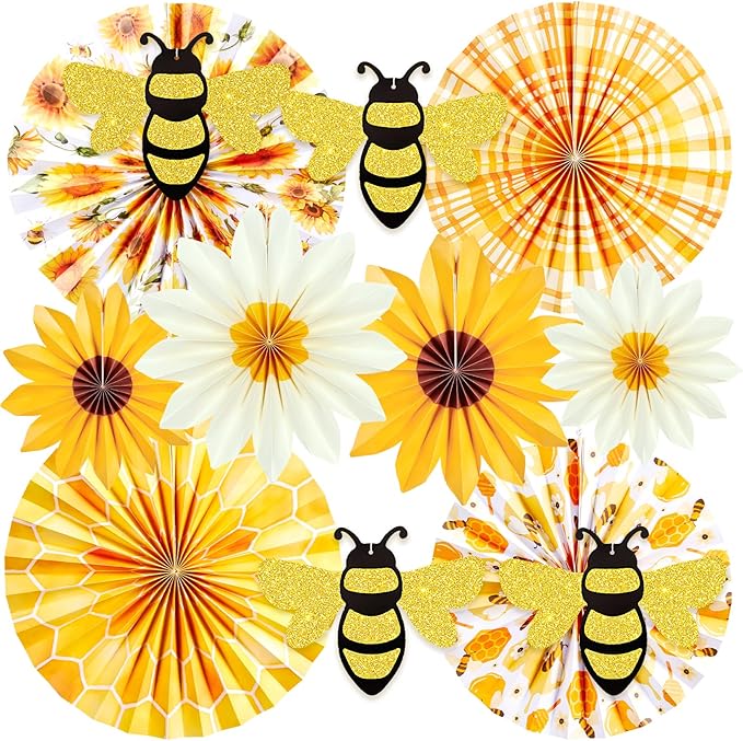 PAPER JAZZ Sunflower Paper Fan,Sunflower Party Decoration Hanging for Wall Sun Flower Paper Garlard with Bumble Bee Baby Shower for Yellow Birthday Party Bulletin Board Classroom