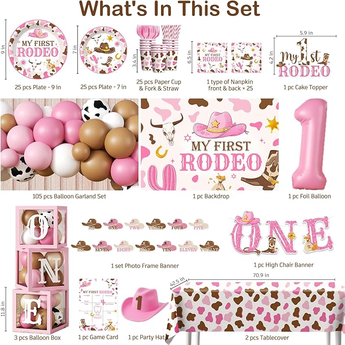 Cocomigo 272 PCS My First Rodeo Decorations Girl, First Rodeo Birthday Decorations Girl Party Supplies with Balloon Garland, Backdrop, Tableware for 25 Guests, High Chair Banner, Balloon Boxes