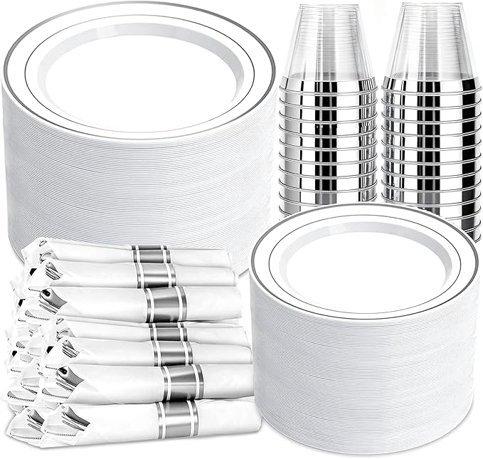 350 PCS White and Silver Plastic Dinnerware Set for 50 Guests, Disposable Party Plates for 50 Guests, Include: 100 Plastic Plates, 50 Pre Rolled Napkins with Silver Silverware, 50 Cups