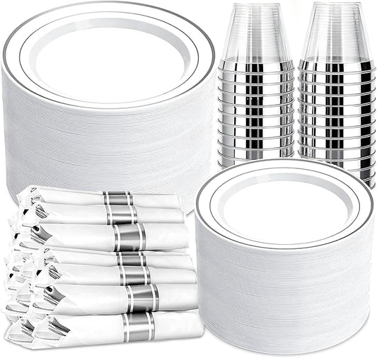 350 PCS White and Silver Plastic Dinnerware Set for 50 Guests, Disposable Party Plates for 50 Guests, Include: 100 Plastic Plates, 50 Pre Rolled Napkins with Silver Silverware, 50 Cups