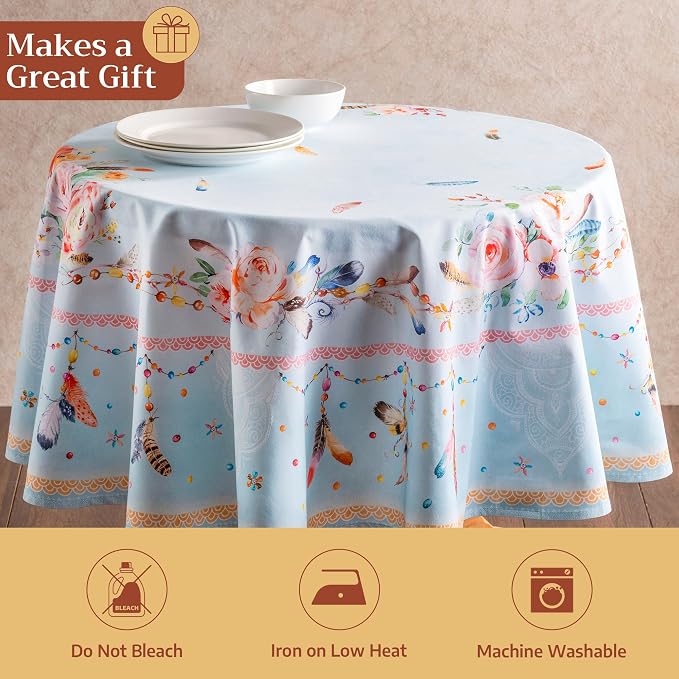 Maison d' Hermine Table Cloth Round Table 100% Cotton 69 Round Inches Tablecloth Reusable Decorative for Dining Kitchen Room Farmhouse Party Home Hotel Restaurant Spring Summer - Ibiza - Blue