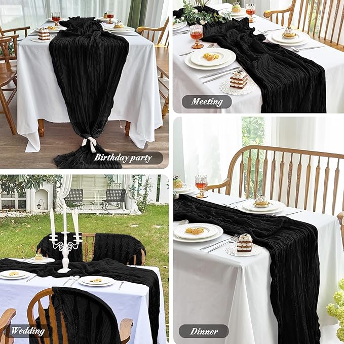 IVAPUPU 10 Pcs Cheesecloth Table Runner - 10ft Black Spring Boho Gauze Black Cheese Cloth Table Runners for Baby Shower Decorations Wedding Party Garden Farmhouse Decor