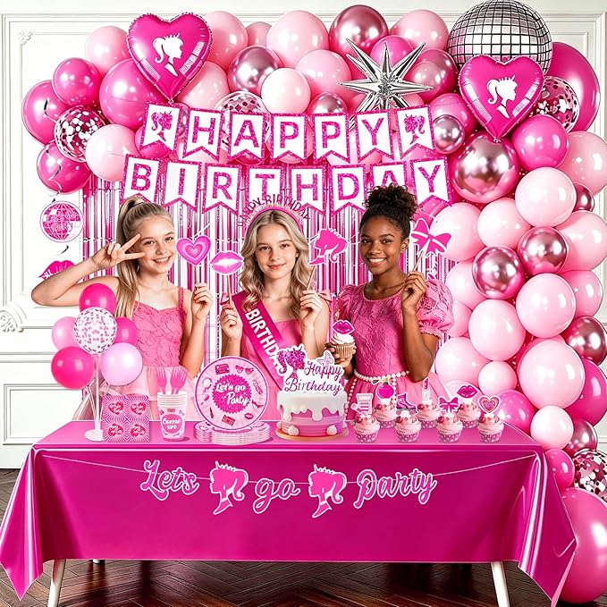 Hot Pink Birthday Party Decorations Supplies 187Pcs Serve 20 Guests, All In One Party Kit with Tableware, Decorations, Cake Topper, Photo Props for little Girls, Girls & Women Birthday Party