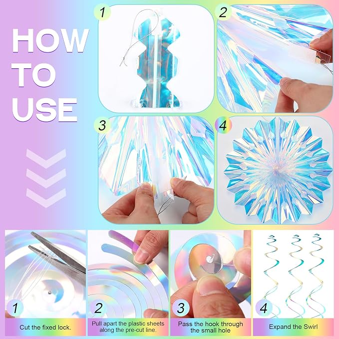 Knitgrip 23 Pcs Iridescent Birthday Party Decorations Disco Sparkly Decorations Holographic Party with Mermaid Happy Birthday Banner Hanging Honeycomb Ball Paper Fan Snowflake Star