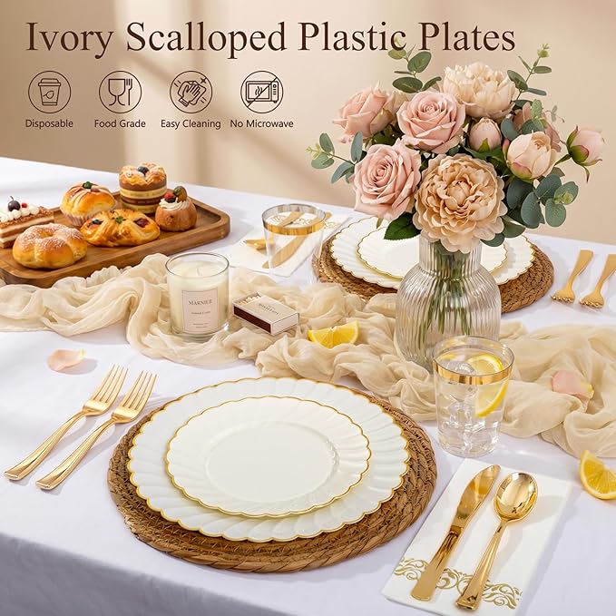 YOUBET 175PCS Ivory Scalloped Plastic Plates - Gold Disposable Dinnerware Set Include 50 Plates, 75 Gold Silverware, 25 Cups, 25 Napkins for Party & Wedding
