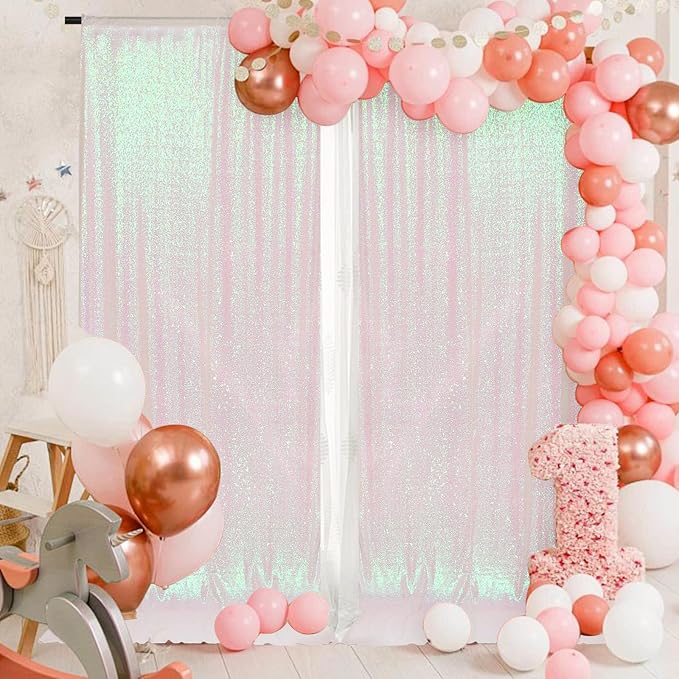 PartyDelight Iridescent White Sequin Backdrop 5x10ft 2 Panels | Iridescent white 3mm sequins show pink and purple tones under light on mesh backing for photos arches stages and party walls