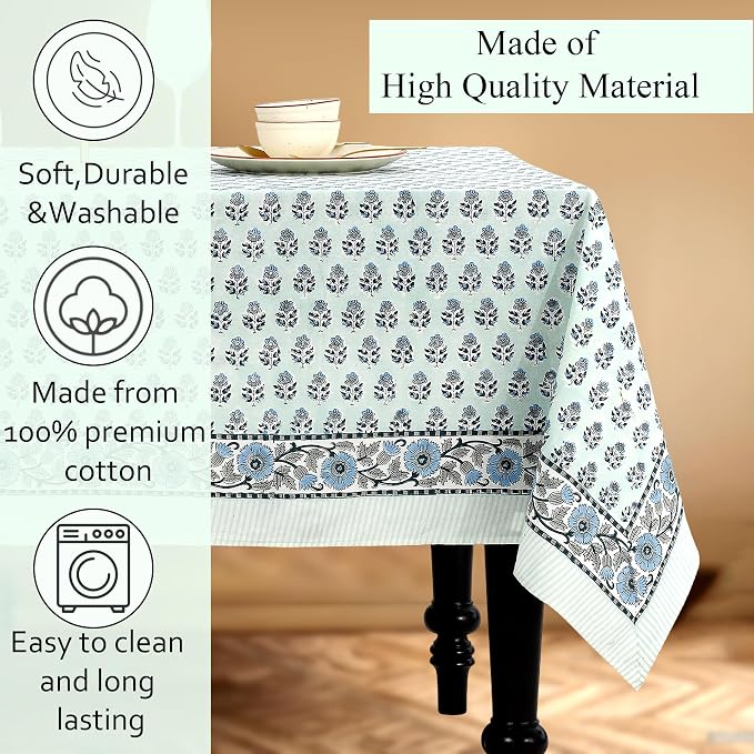 CPC Tablecloth 100% Cotton 70x118 Inch Indian Block Print Rectangle Table Cover, Washable Table Cloth for Weddings, Spring/Summer, Barbeque - Poppy Blue