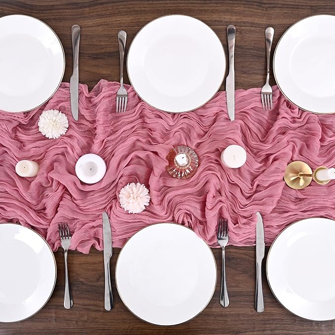 24 Pack Dusty Rose Cheesecloth Table Runner,10FT Boho Gauze Table Runner,35x120inch Rustic Table Runners for Wedding Party Bridal Shower Thanksgiving Christmas Boho Table Decoration