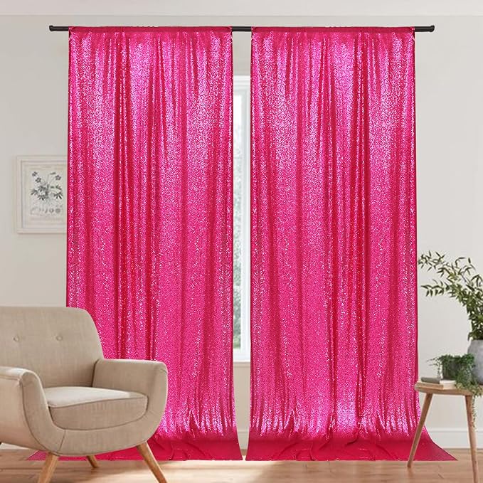 PartyDelight Hot Pink Sequin Backdrop Curtains 5x10ft 2 Panels | 3mm stitched sequin curtain with 4 inch rod pocket for 5x10ft wide reception wall head table stage backdrop and event display