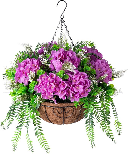 Ammyoo Artificial Flowers in Hanging Basket Planter for Home Spring Summer Decoration, Silk Hydrangea Outdoor Indoor Arrangements, 12" Metal Coconut Lining Basket with Faux Plant(Purple)