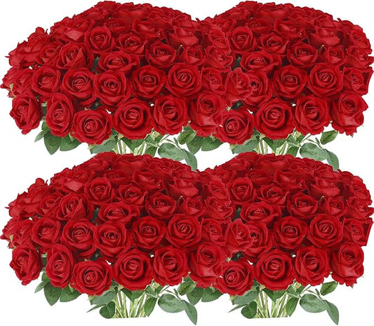 Hananona 100 Pcs Artificial Roses in Bulk, Fake Silk Roses Realistic Roses for Wedding Centerpieces Flower Arrangement Home Decor (100, Red)